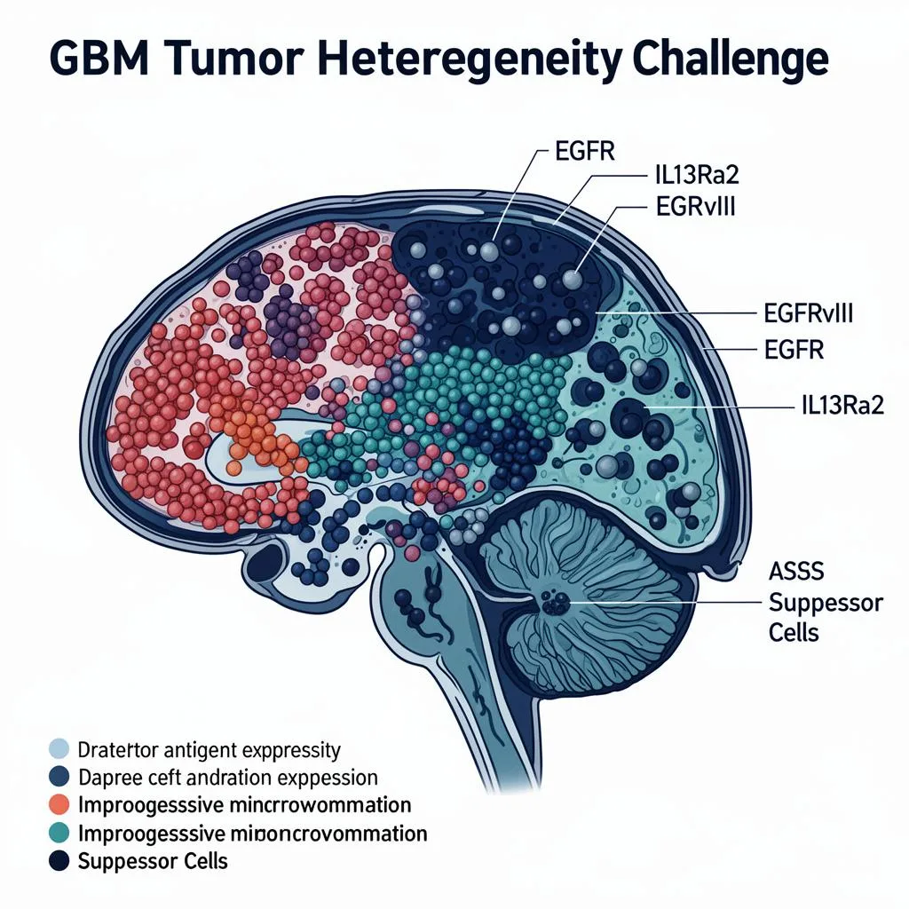 GBM tumor heterogeneity showing mixed antigen expression across tumor cells