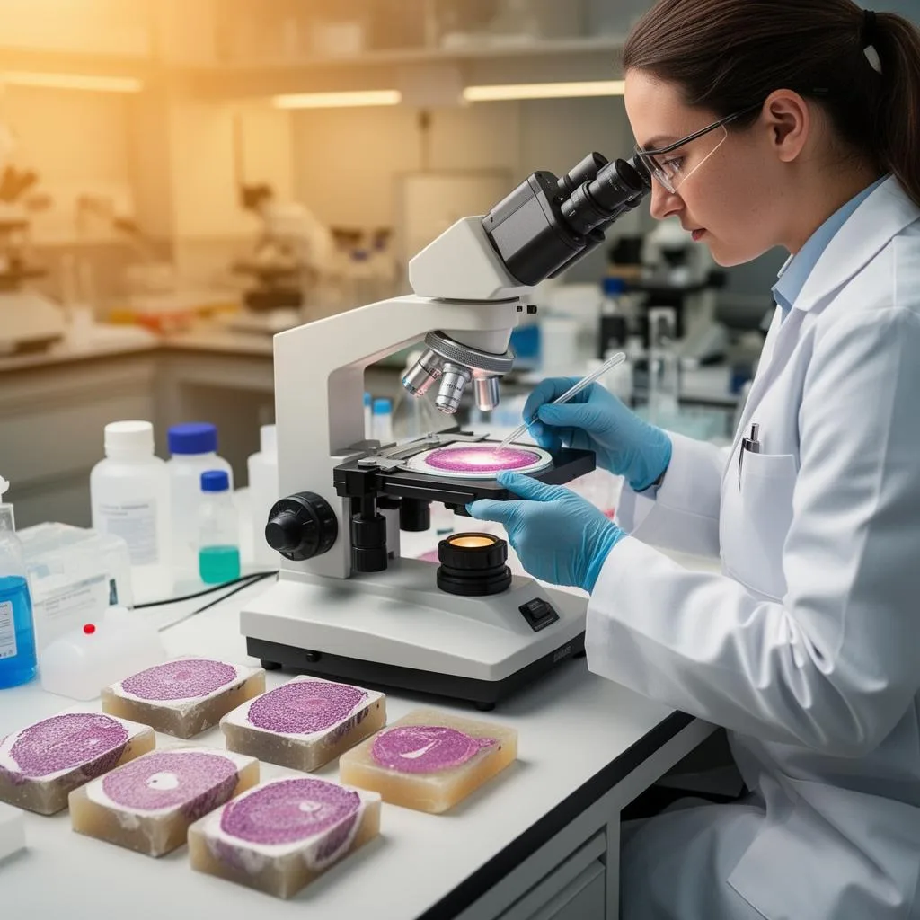 Pathologist examining immunohistochemistry stained tissue slides under a microscope in a clinical laboratory