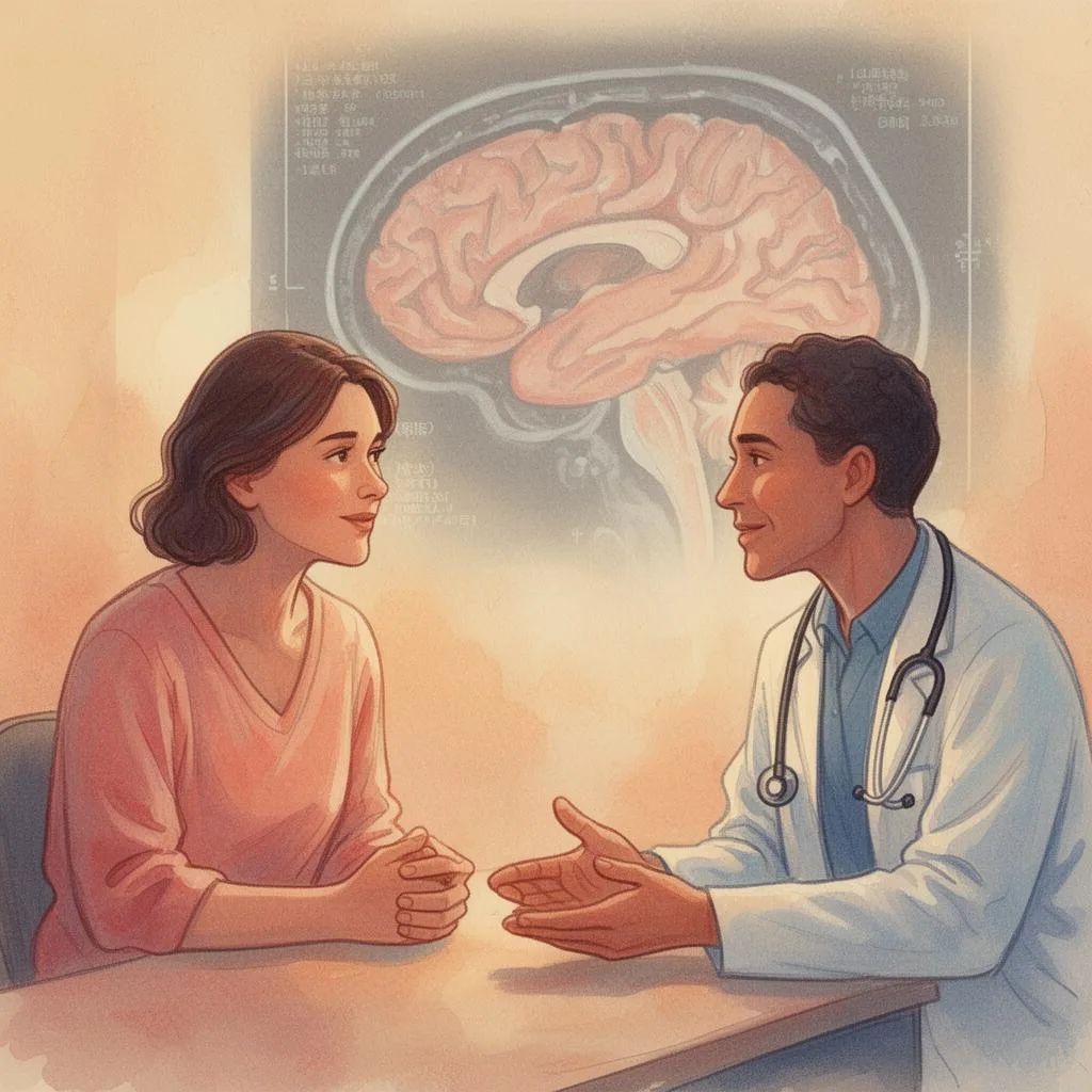 Warm watercolor illustration of a patient and doctor having a compassionate conversation about treatment options