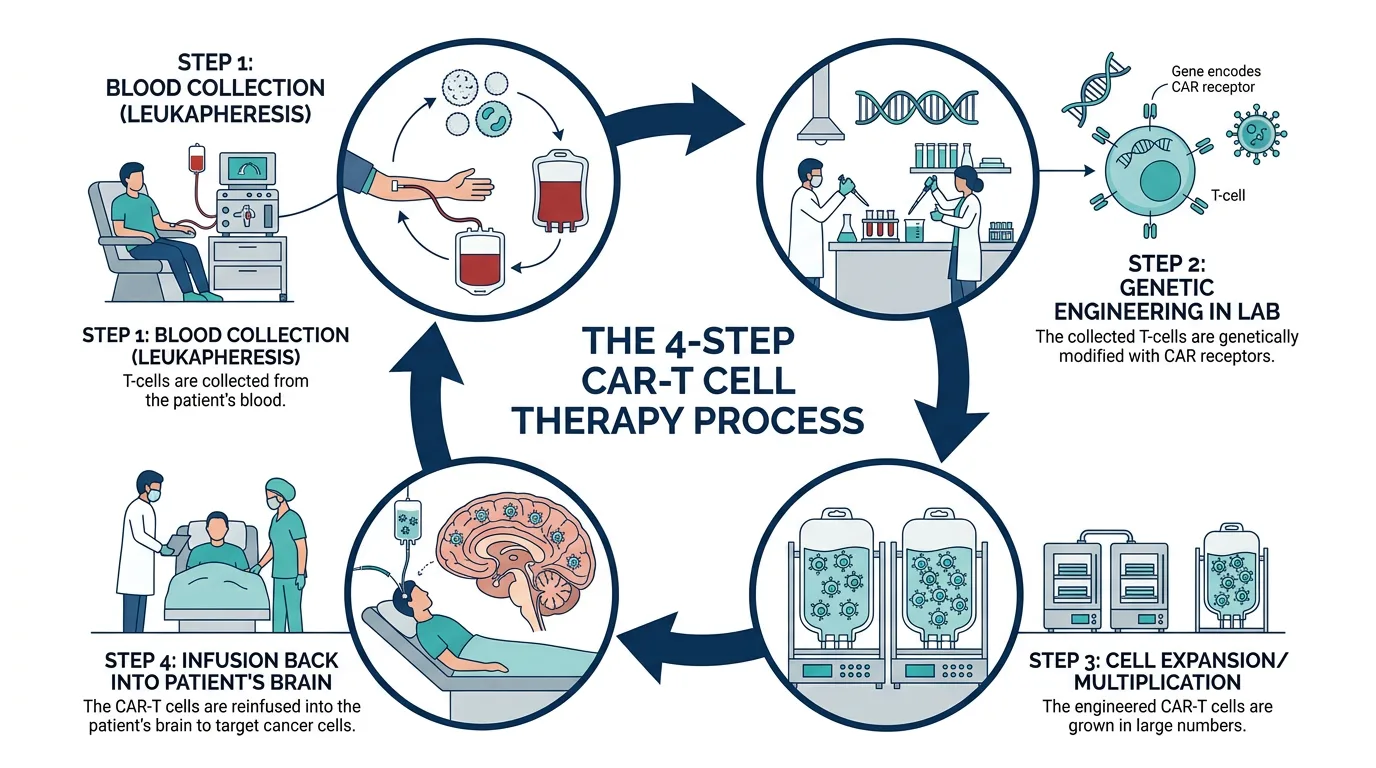 The 4-step CAR-T cell therapy process: blood collection, genetic engineering, cell expansion, and infusion