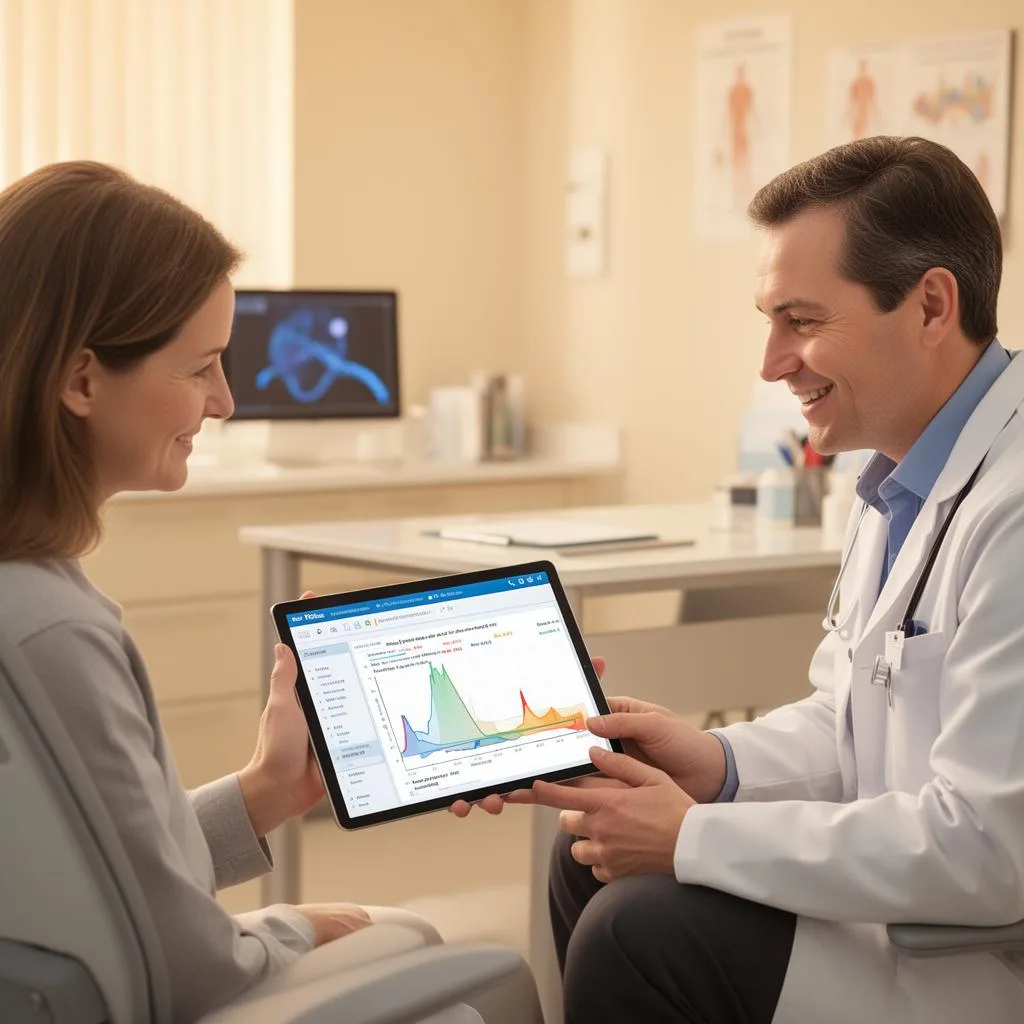 Neuro-oncology consultation — doctor and patient reviewing molecular profiling results together