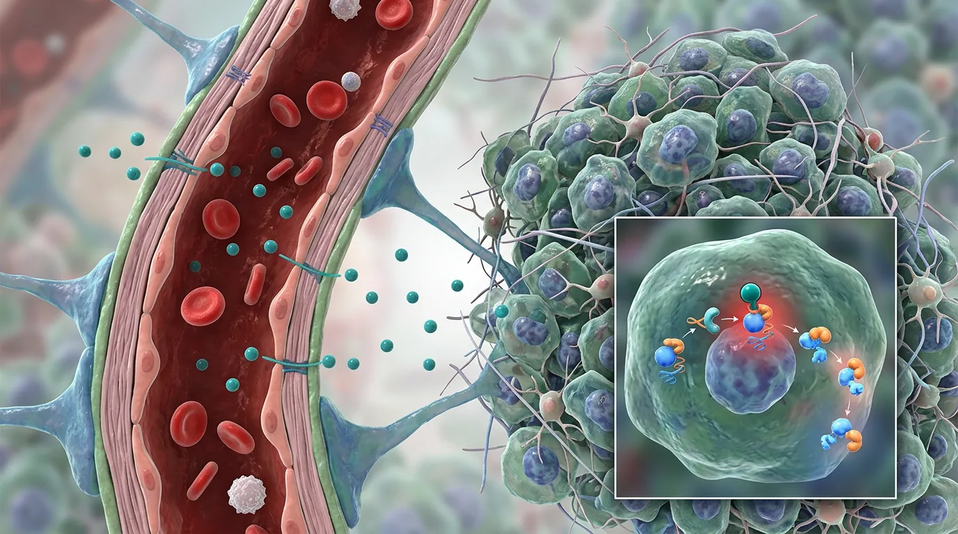 Realistic biomedical illustration of small molecules crossing the blood-brain barrier and entering glioblastoma tissue