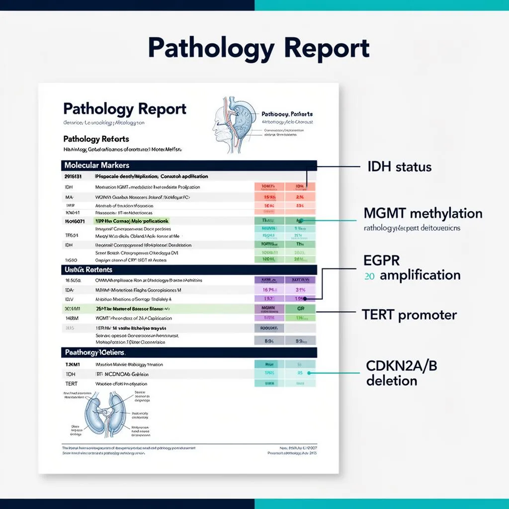Annotated pathology report showing key molecular markers for GBM patients