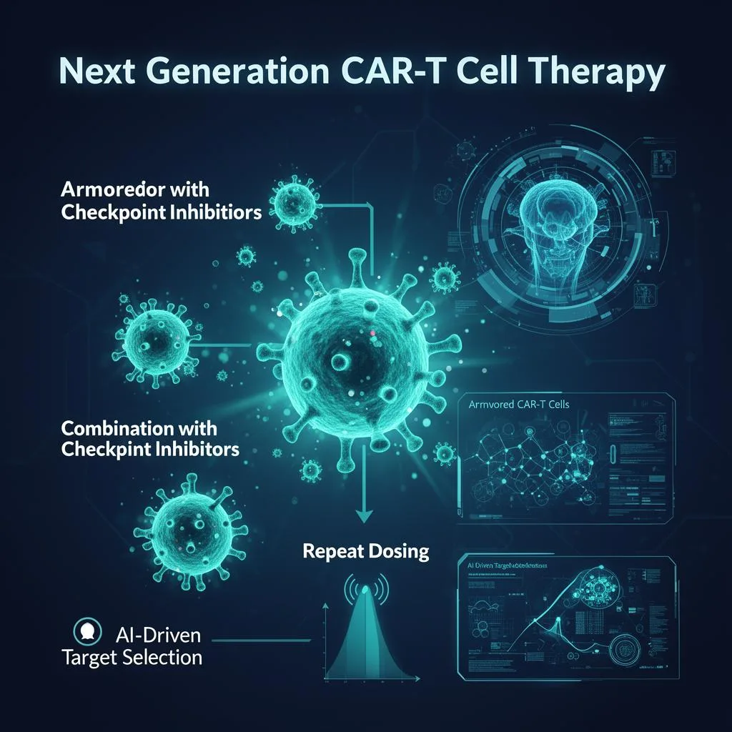 Next generation CAR-T cell therapy innovations including armored cells, combination strategies, and AI-driven target selection