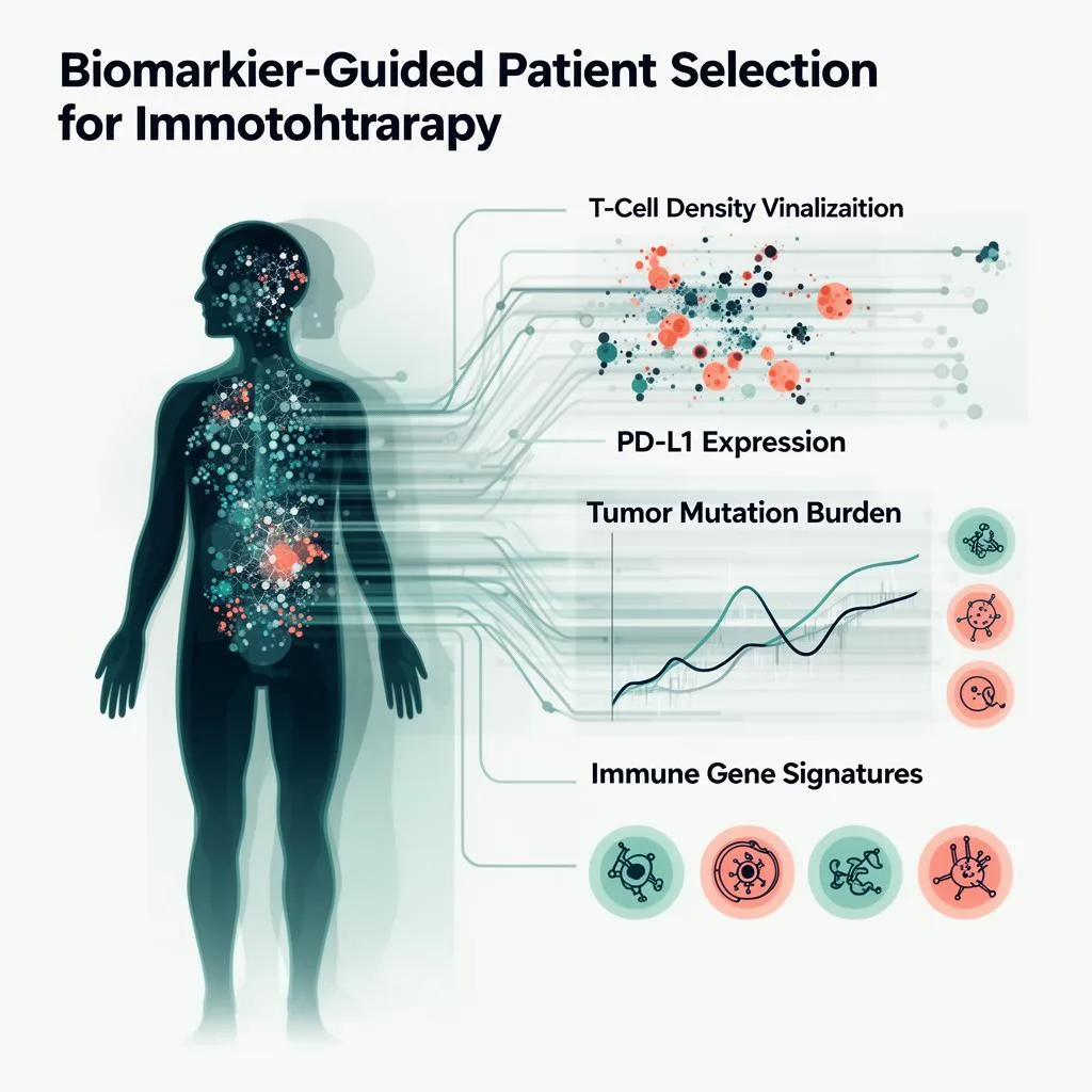 Biomarker-guided patient selection showing T-cell density, PD-L1 expression, tumor mutation burden, and immune gene signatures