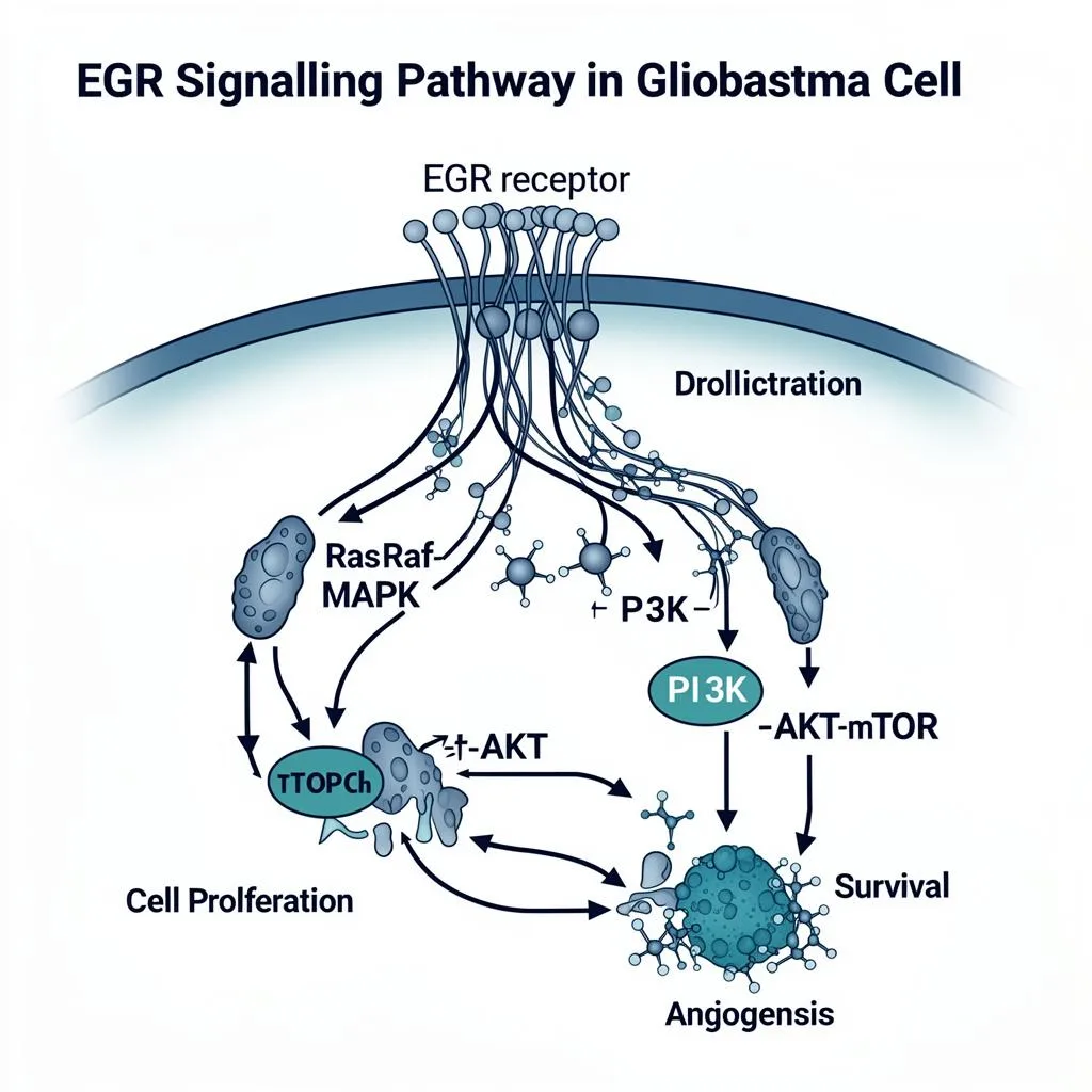 EGFR signaling pathway in glioblastoma showing Ras-MAPK and PI3K-AKT-mTOR downstream cascades