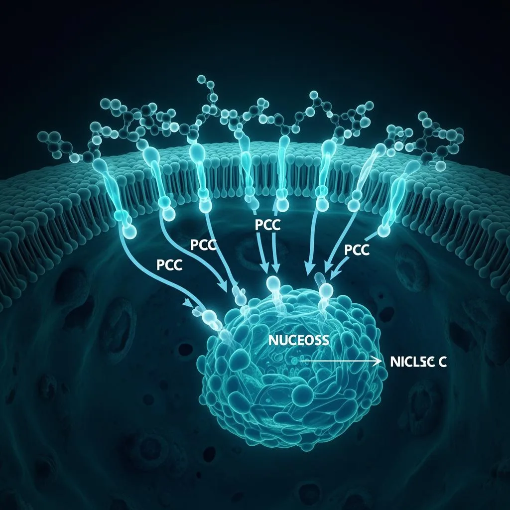 Biomedical illustration of protein kinase C signaling cascade inside a cancer cell, showing membrane receptors transmitting growth signals