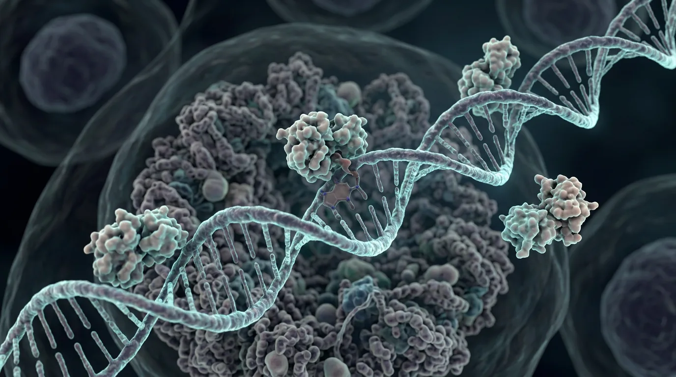 Biomedical image showing DNA repair activity as a visual explanation of why unmethylated MGMT reduces chemotherapy effectiveness
