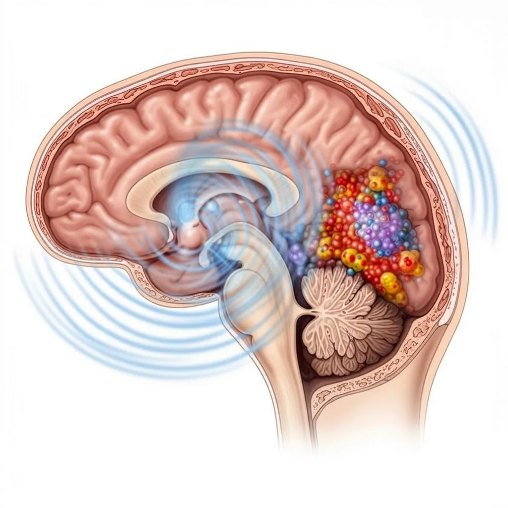 Realistic medical illustration of sonodynamic therapy delivering ultrasound energy across brain tissue to selectively affect infiltrative glioblastoma cells