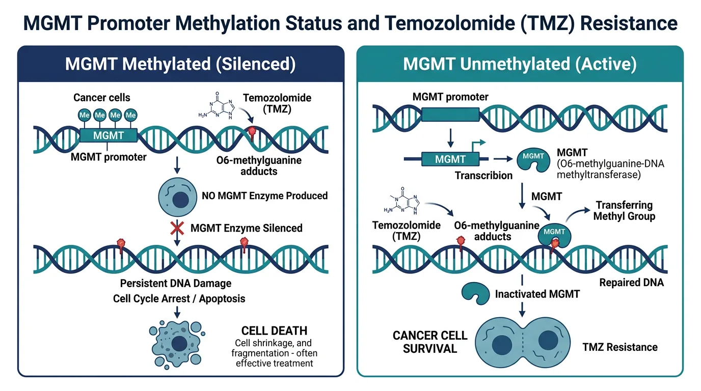 MGMT methylation status showing how methylated promoter leads to cell death while unmethylated allows cancer cell survival