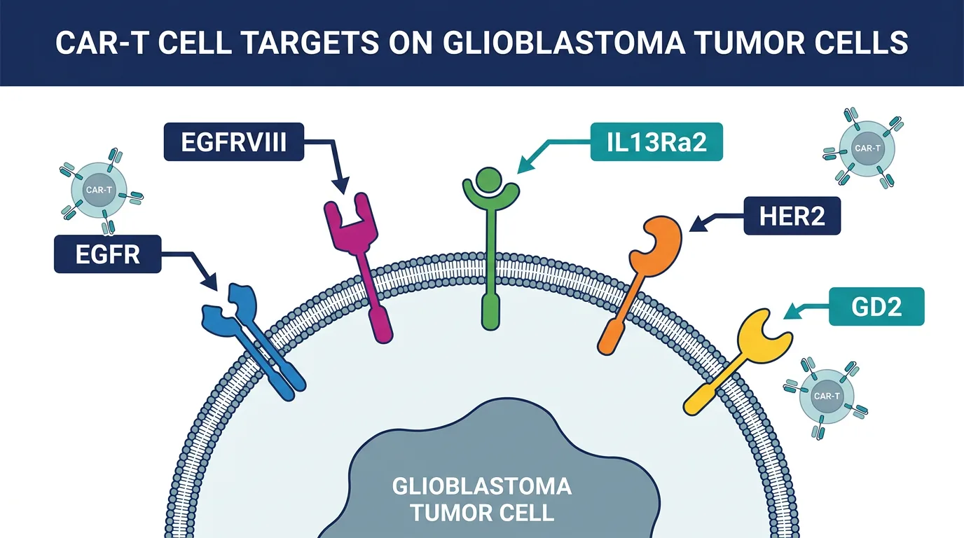 CAR-T cell targets on glioblastoma tumor cells: EGFR, EGFRvIII, IL13Rα2, HER2, GD2
