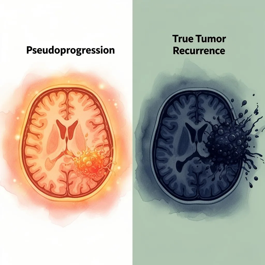 Split comparison illustration showing pseudoprogression (warm inflammatory glow) versus true tumor recurrence (dark aggressive growth)