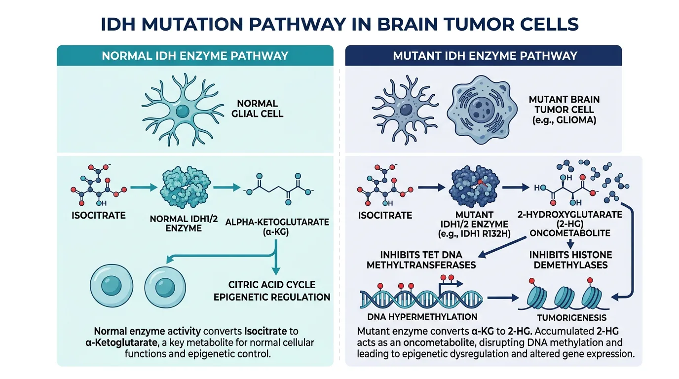 IDH mutation pathway showing normal vs mutant enzyme function in brain tumor cells