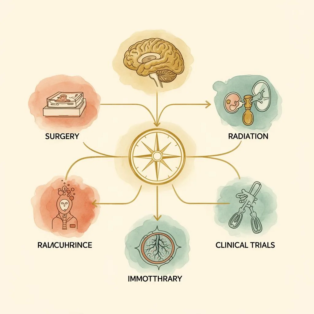 Watercolor illustration showing multiple treatment pathways branching from a central decision point for recurrent GBM