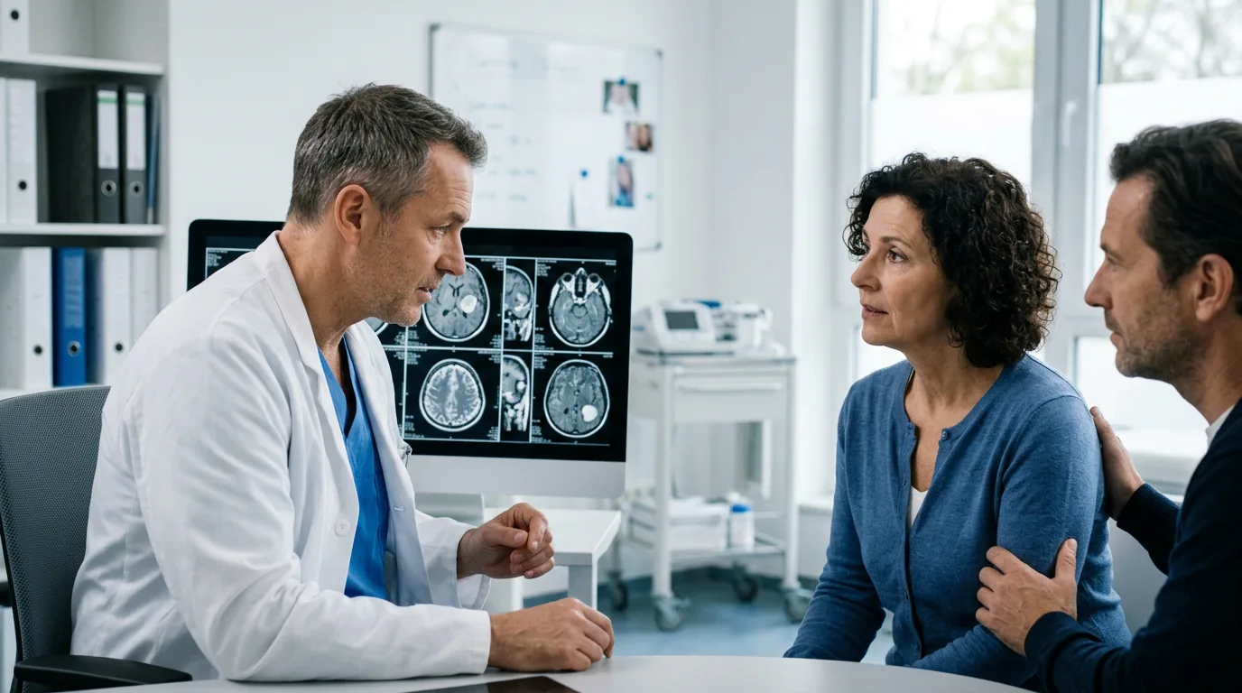 Neuro-oncology consultation scene representing interpretation of clinical trial evidence and treatment decisions