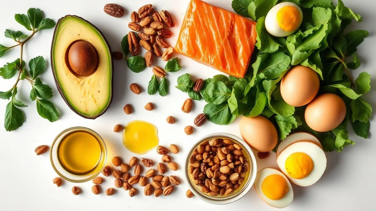 Ketogenic diet foods including avocado, salmon, nuts, and eggs