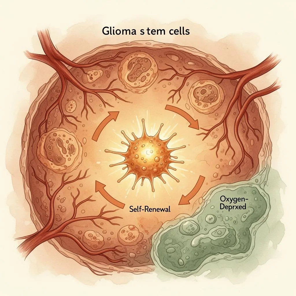 Watercolor illustration of glioma stem cells in their protective niche showing self-renewal cycle and oxygen-deprived zones