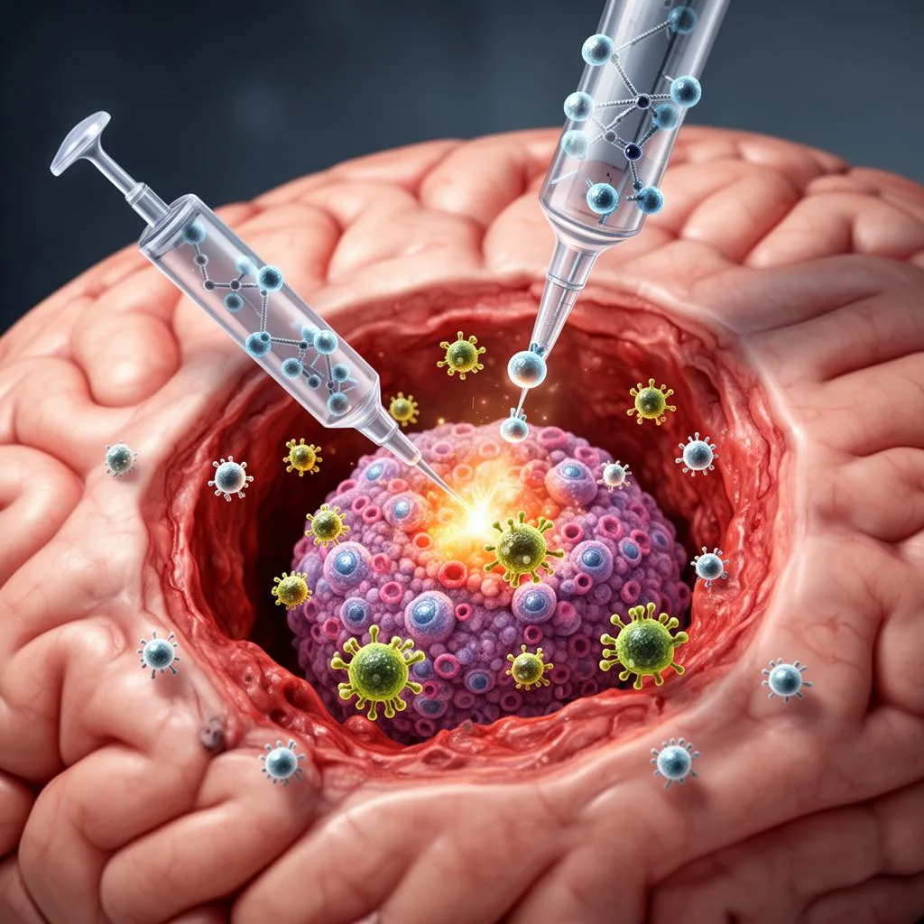 Realistic biomedical illustration of gene therapy vectors being delivered into a glioblastoma tumor cavity with immune activation around the treated tissue